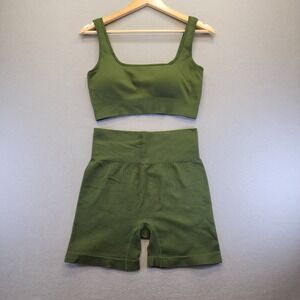 GOQQ Olive Green Ribbed Seamless Workout Set Sports Bra & Biker Shorts Large